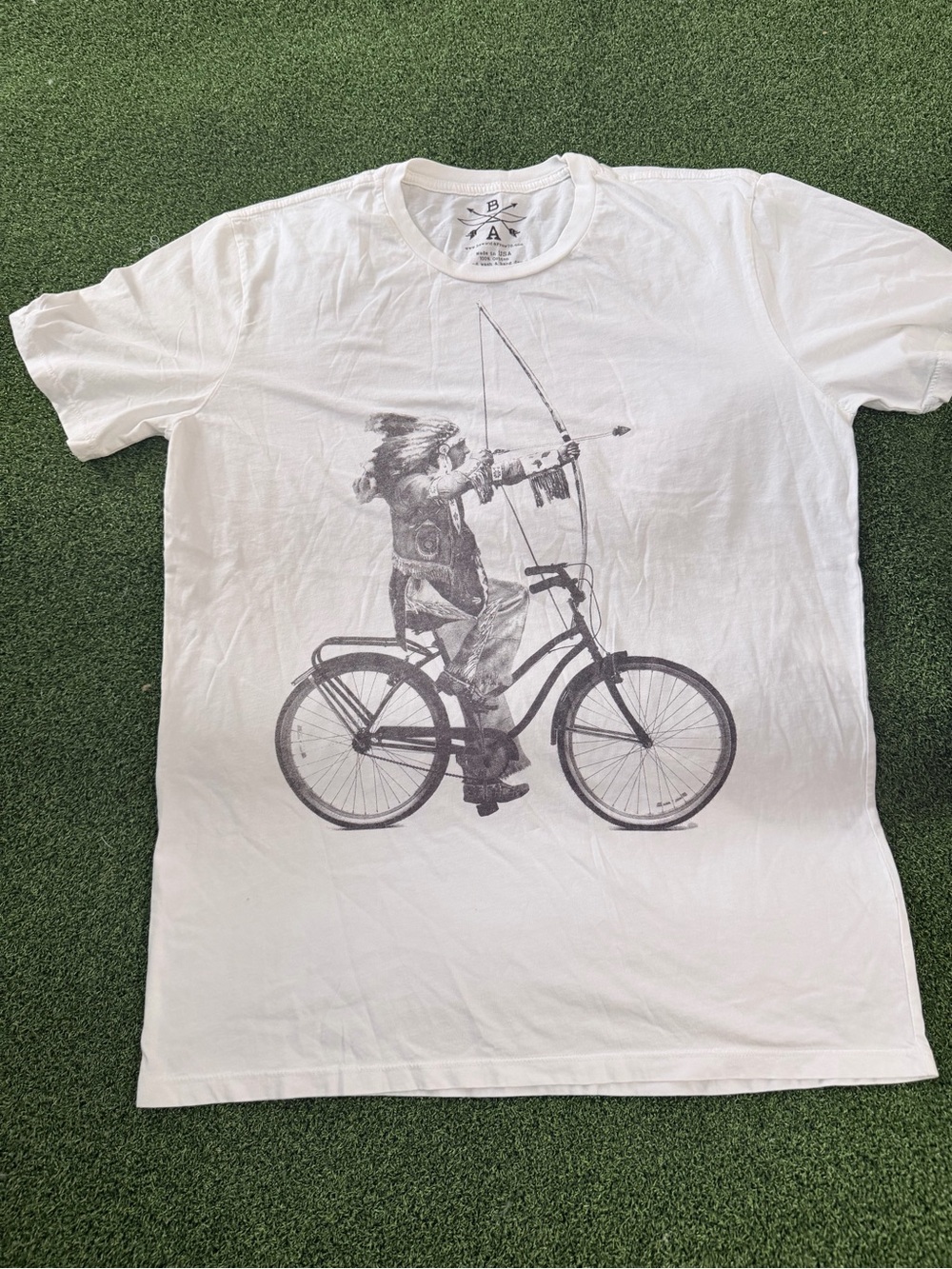 Bow & Arrow Native American Chief on Bicycle Graphic Tee Size L White USA Made